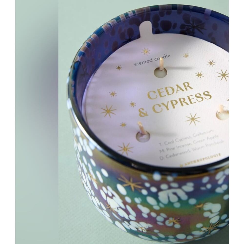 Large Anthropologie Woody Cedar & Cypress Gilded Glass Jar Candle 3 Wick - Picture 2 of 4